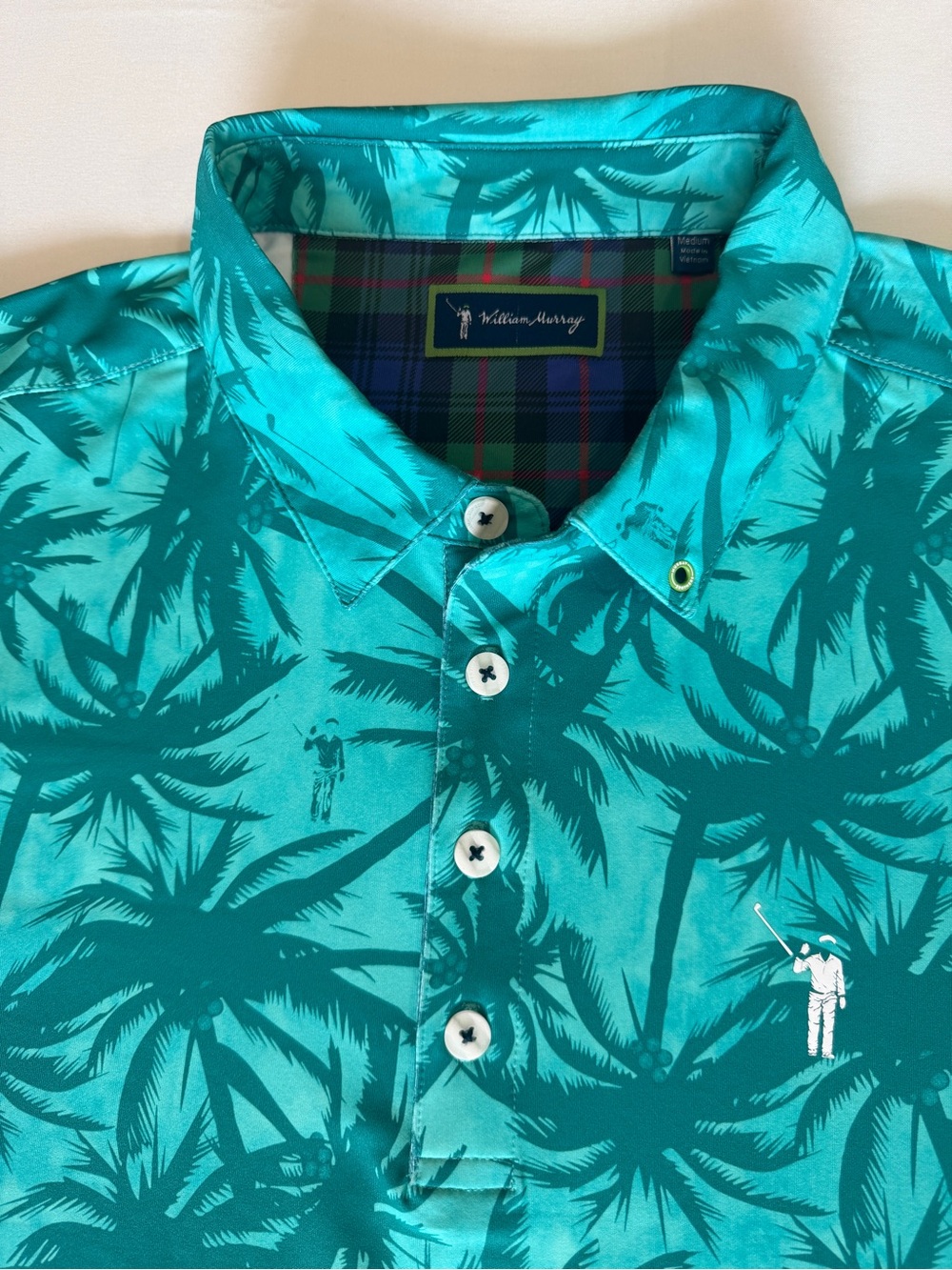 William Murray Men's Teal Palm Tree Tropical Print Medium Golf Polo Bill Murray